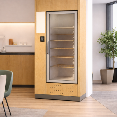 An image of a stylish, empty fridge.