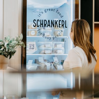 An image of a stocked Schrankerl office fridge.